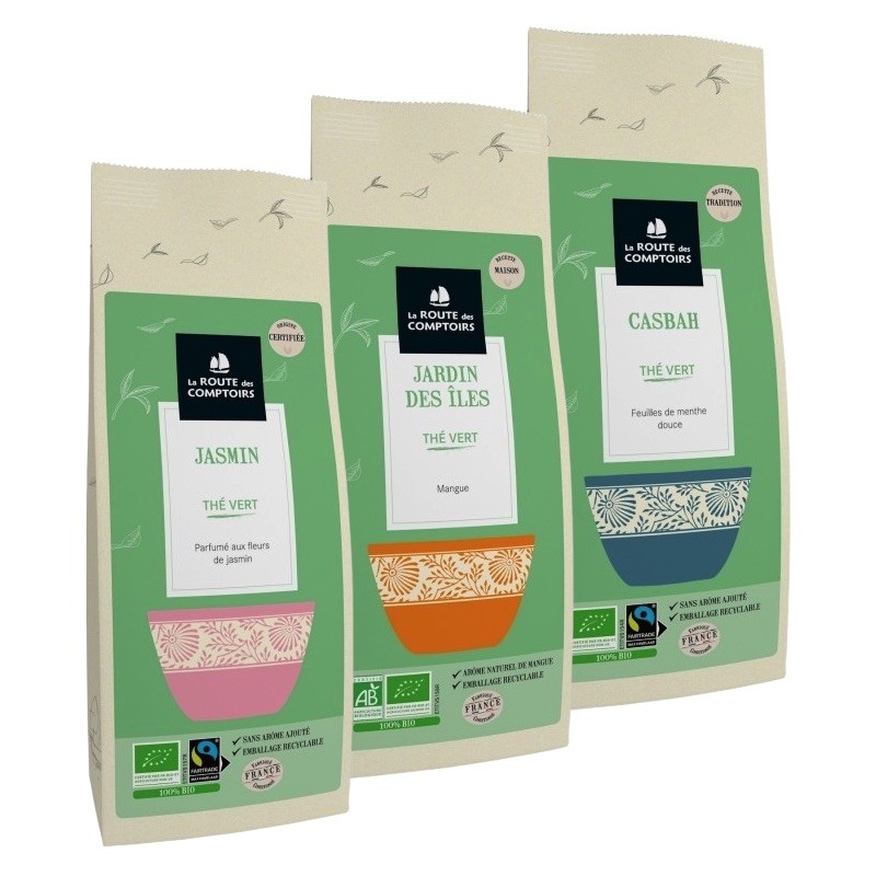 Pack Éco Thé vert Bio aromatisés  - 3 Sachets de 100g