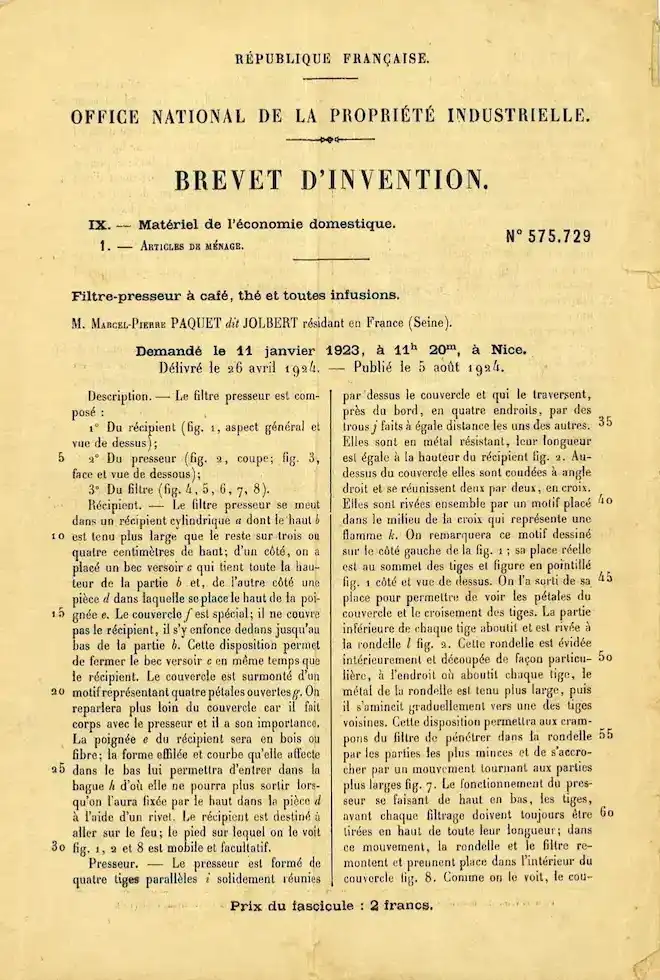 Brevet cafetière à piston – invention française – Page 1 (1923) Brevet cafetière à piston – invention française – Page 1 (1923)