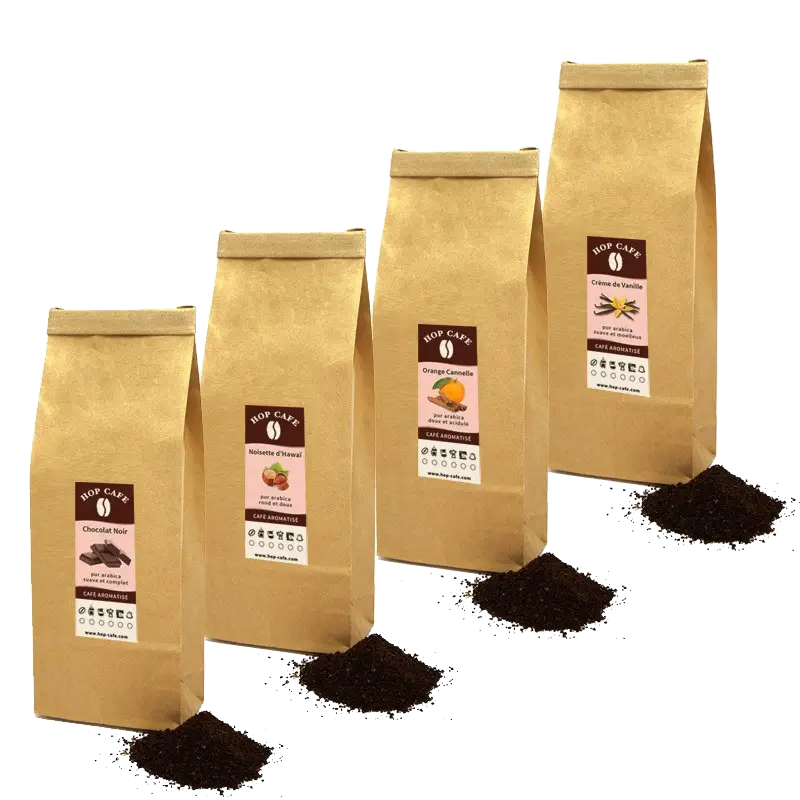 Offre Découverte Café Moulu Aromatisé – 4 sachets de 125g, mouture spéciale cafetière à piston 4 sachets de 125g de café moulu aromatisé noisette, vanille, chocolat et orange/cannelle